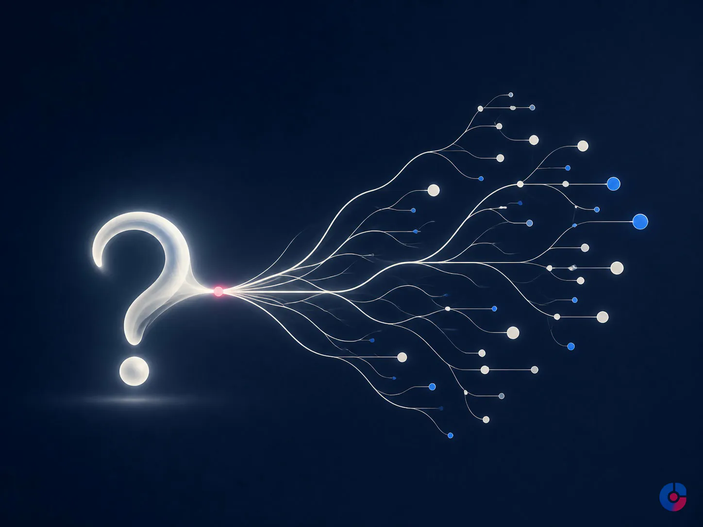 Abstract concept showing one research question branching into sourced evidence