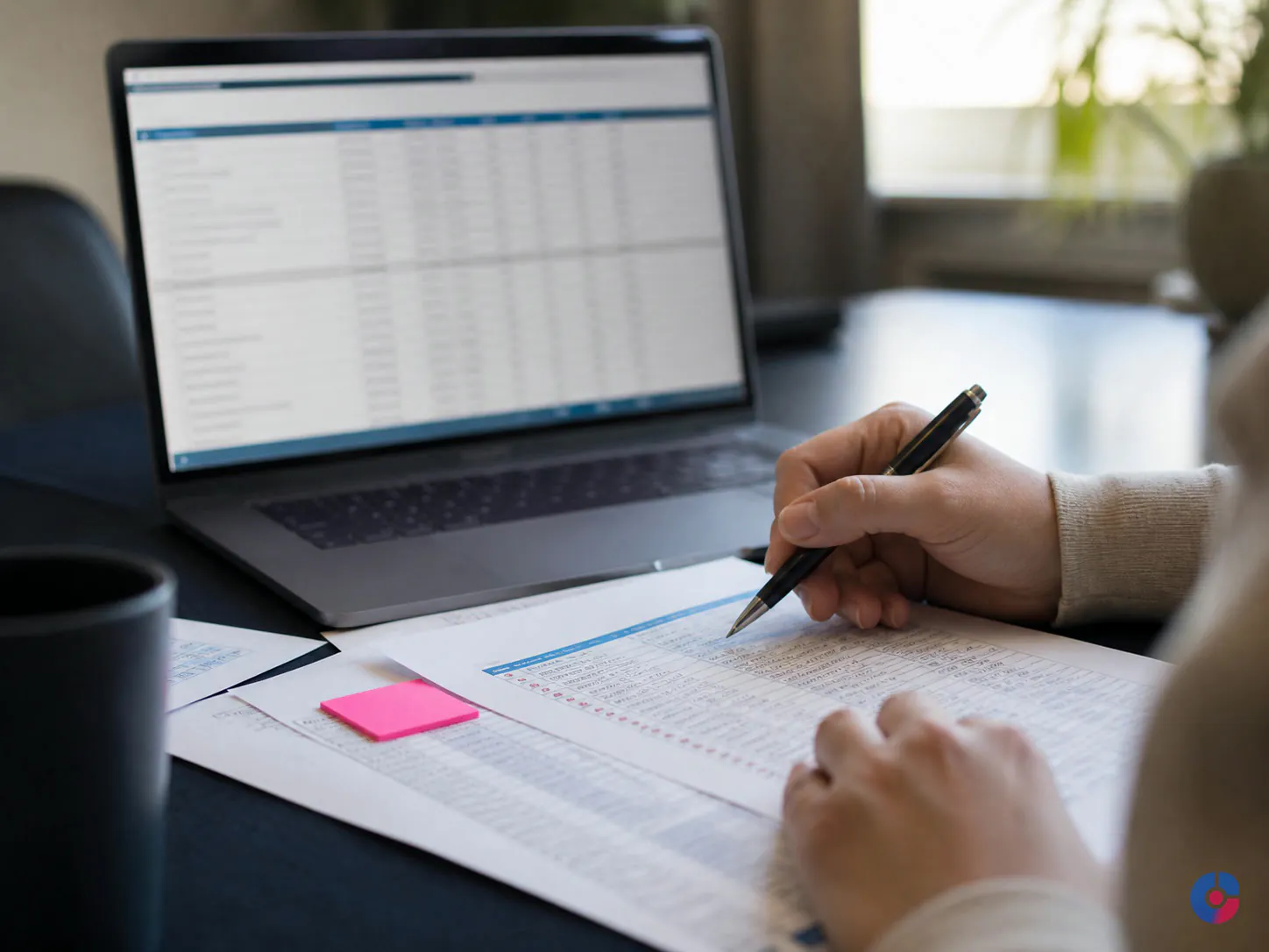 Hands checking a printed research list against a spreadsheet on a laptop