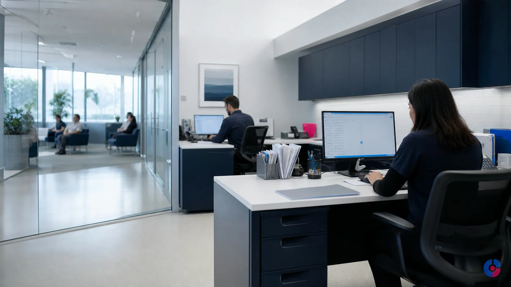 Healthcare administration team managing the revenue cycle from a clinic back office