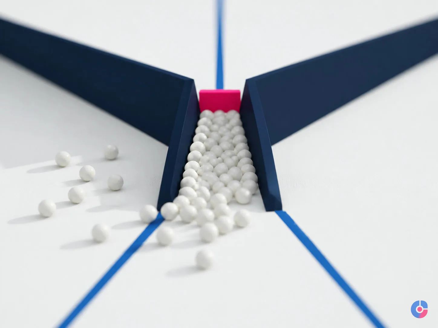 Abstract funnel with spilled spheres representing revenue leakage in unworked claims