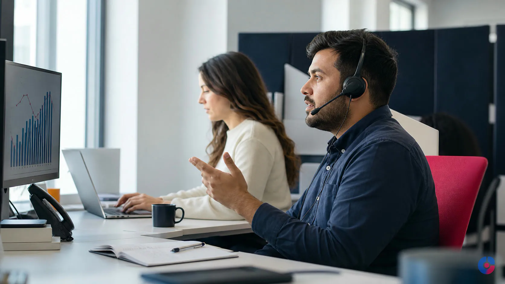 Sales rep on a call while an admin colleague prepares a quote alongside them