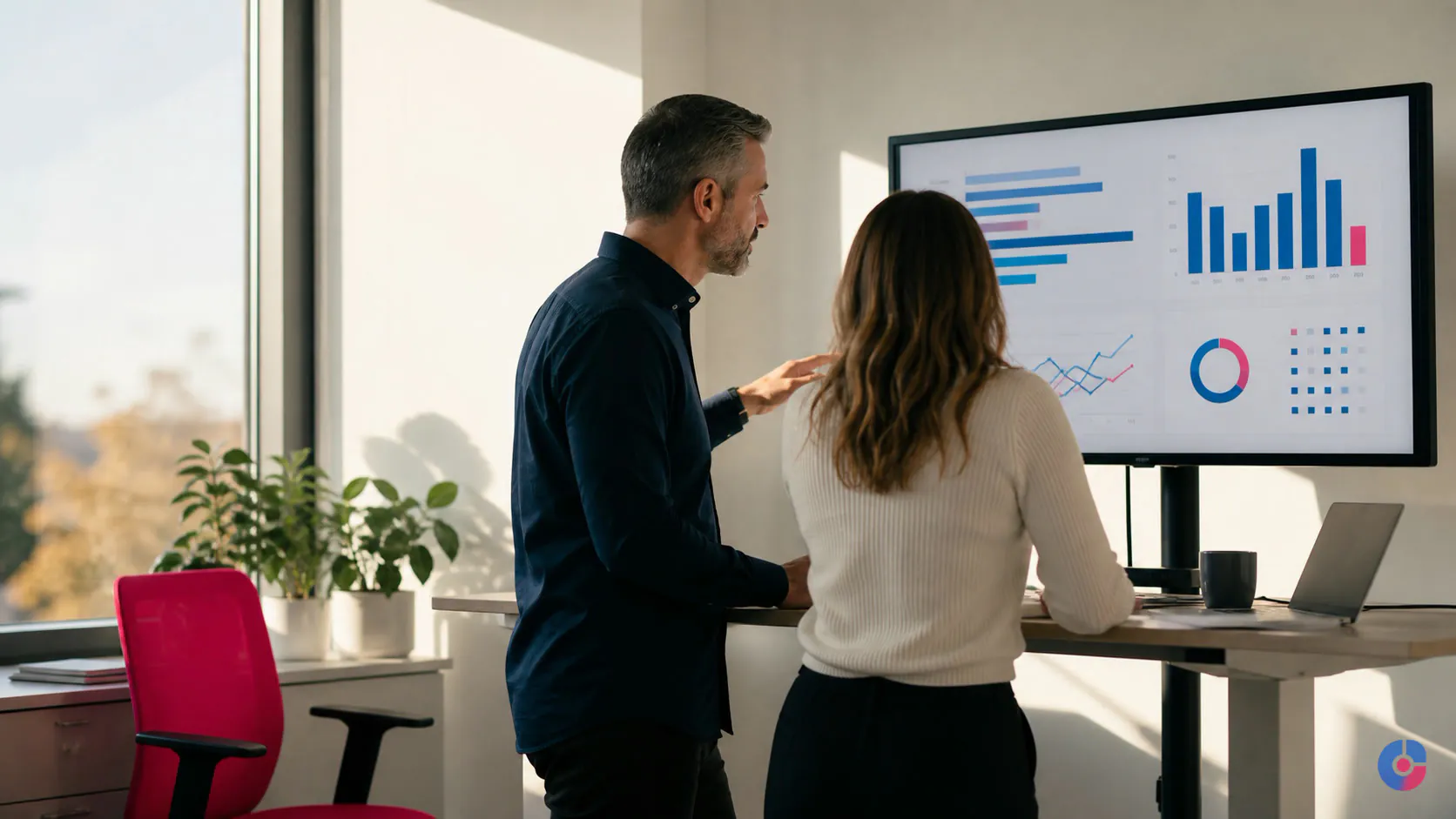 Sales manager and admin support colleague reviewing the pipeline together at a standing desk