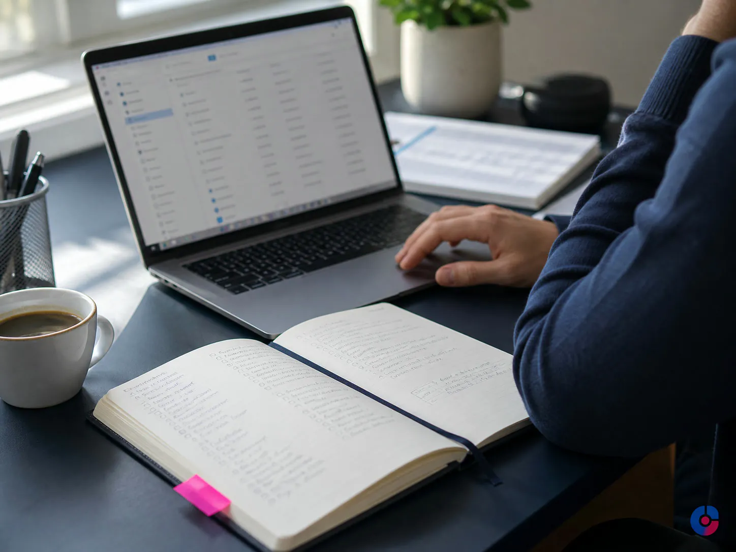 Handwritten account research notes beside a laptop on a prospecting desk