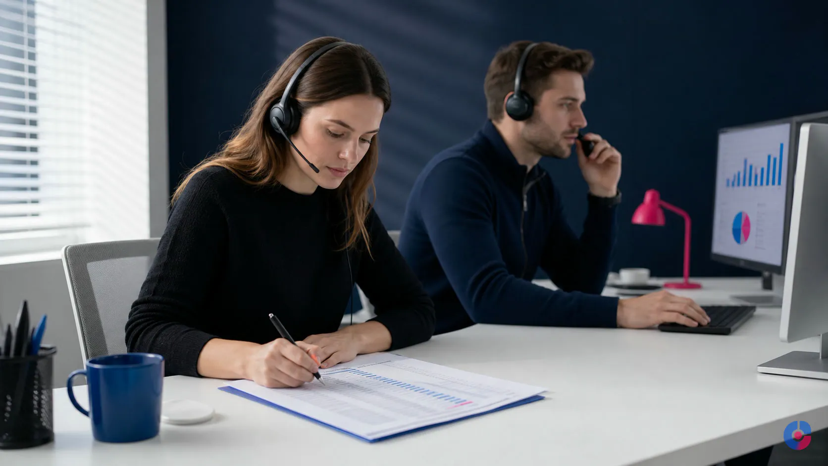 Sales development team researching accounts and calling prospects in an office