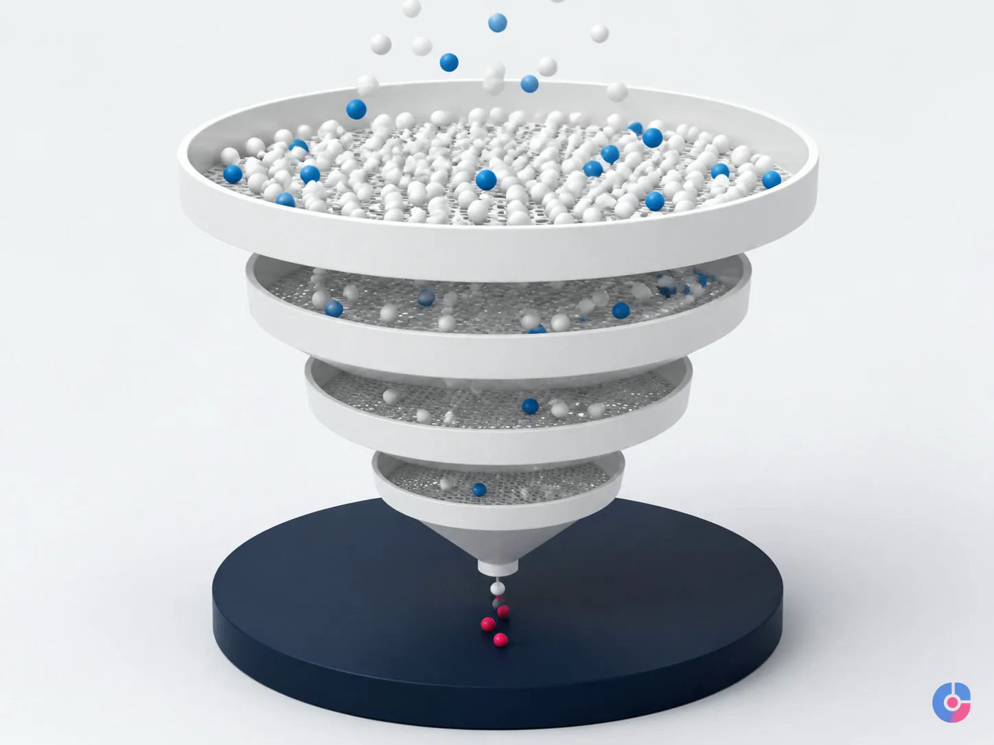 Stacked sieves filtering spheres, representing outbound qualification standards