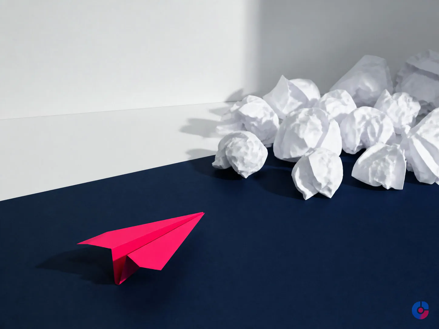 One crafted paper plane ahead of crumpled paper, representing targeted outbound outreach
