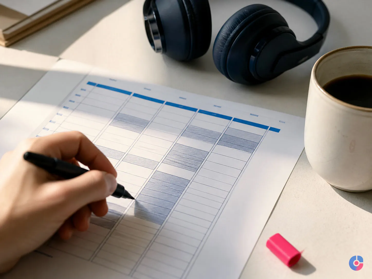 Hand marking blocked meeting slots on a printed weekly sales planner