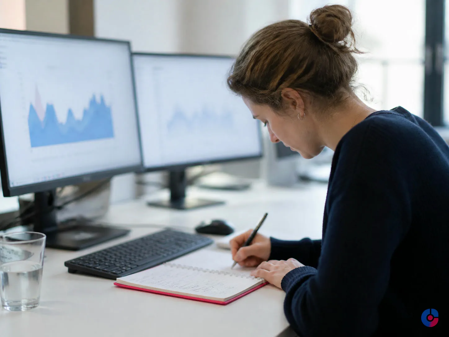 Research assistant enriching account records at a two screen sales support desk