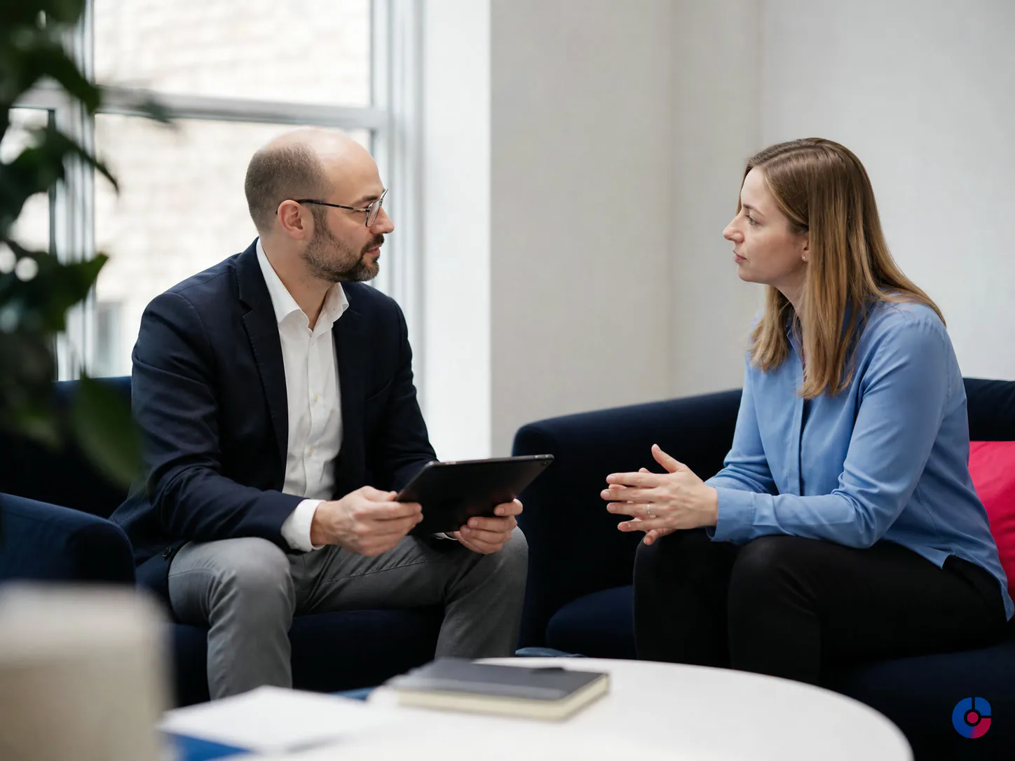 Two sales team members discussing enriched pipeline data beside an office window