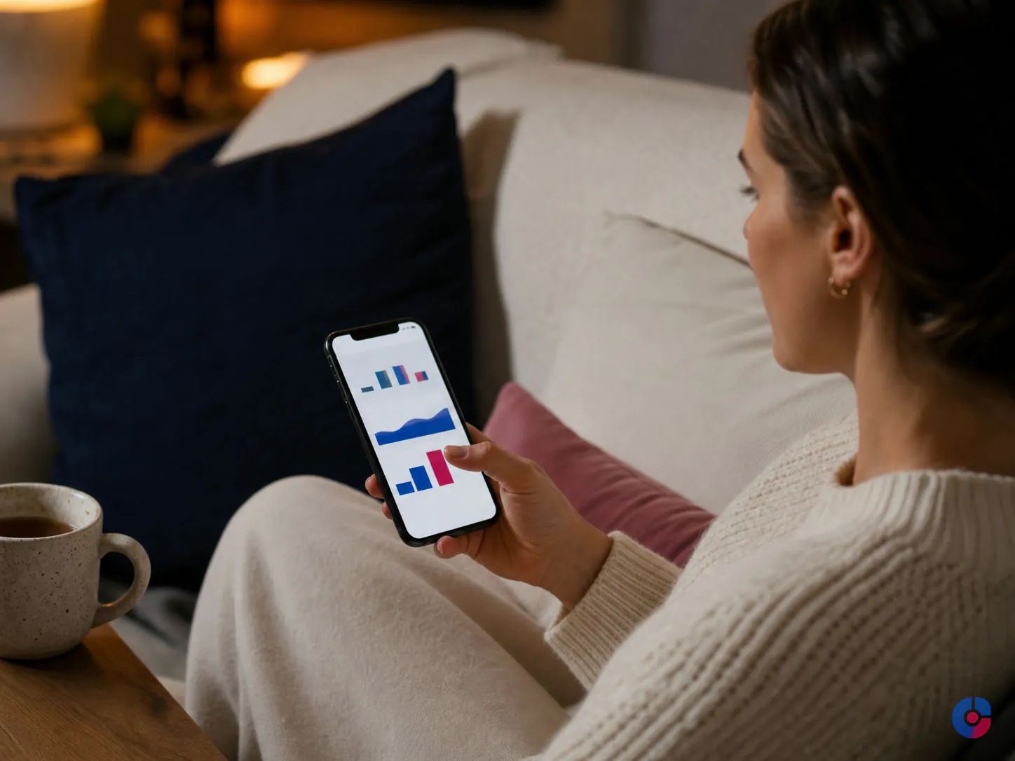 Salon client comparing services on her phone at home in the evening