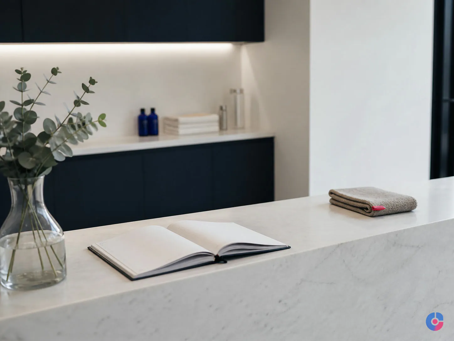 Salon reception counter with an open appointment diary in morning light