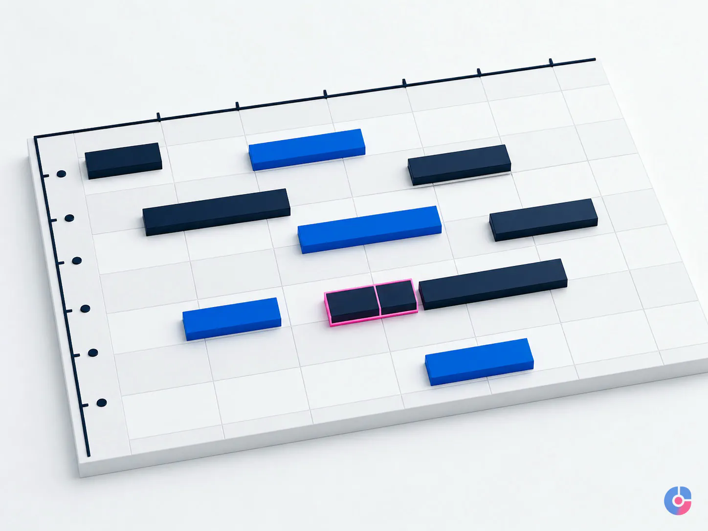 Isometric render of a scheduling grid with a highlighted double-booking conflict