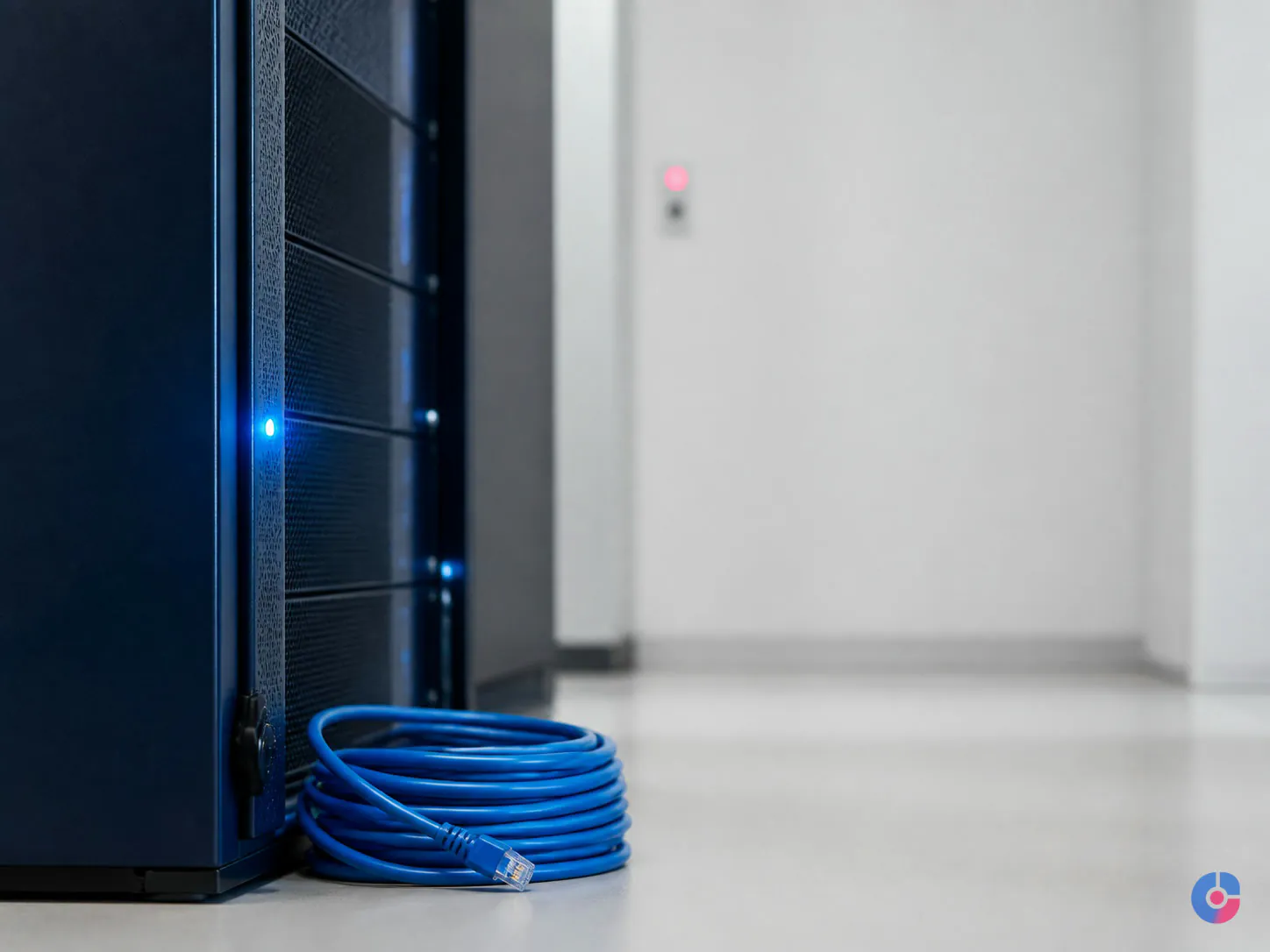 Server rack detail representing controlled access and secure handling of client data
