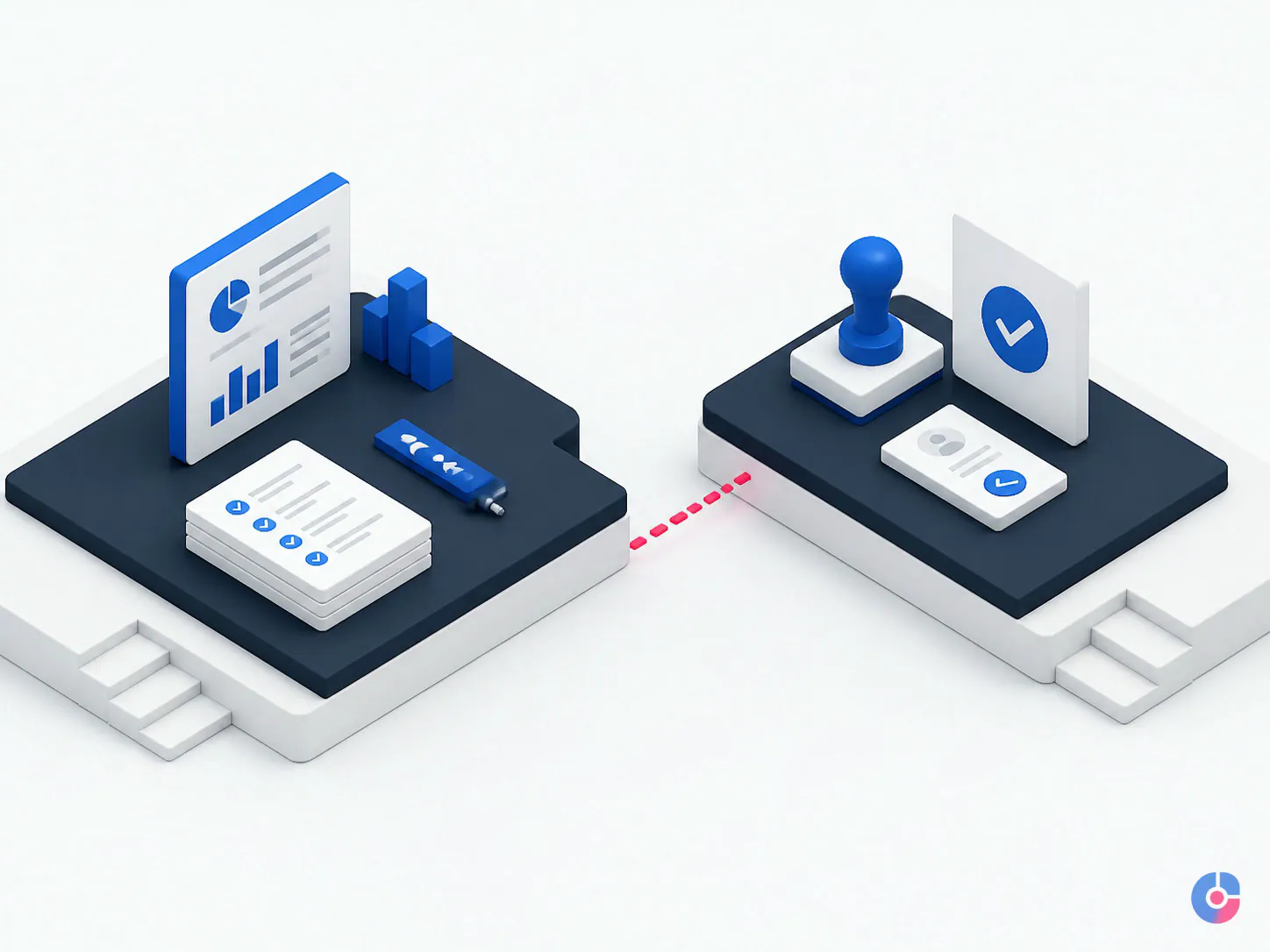 Isometric concept showing preparation separated from approval in a finance workflow