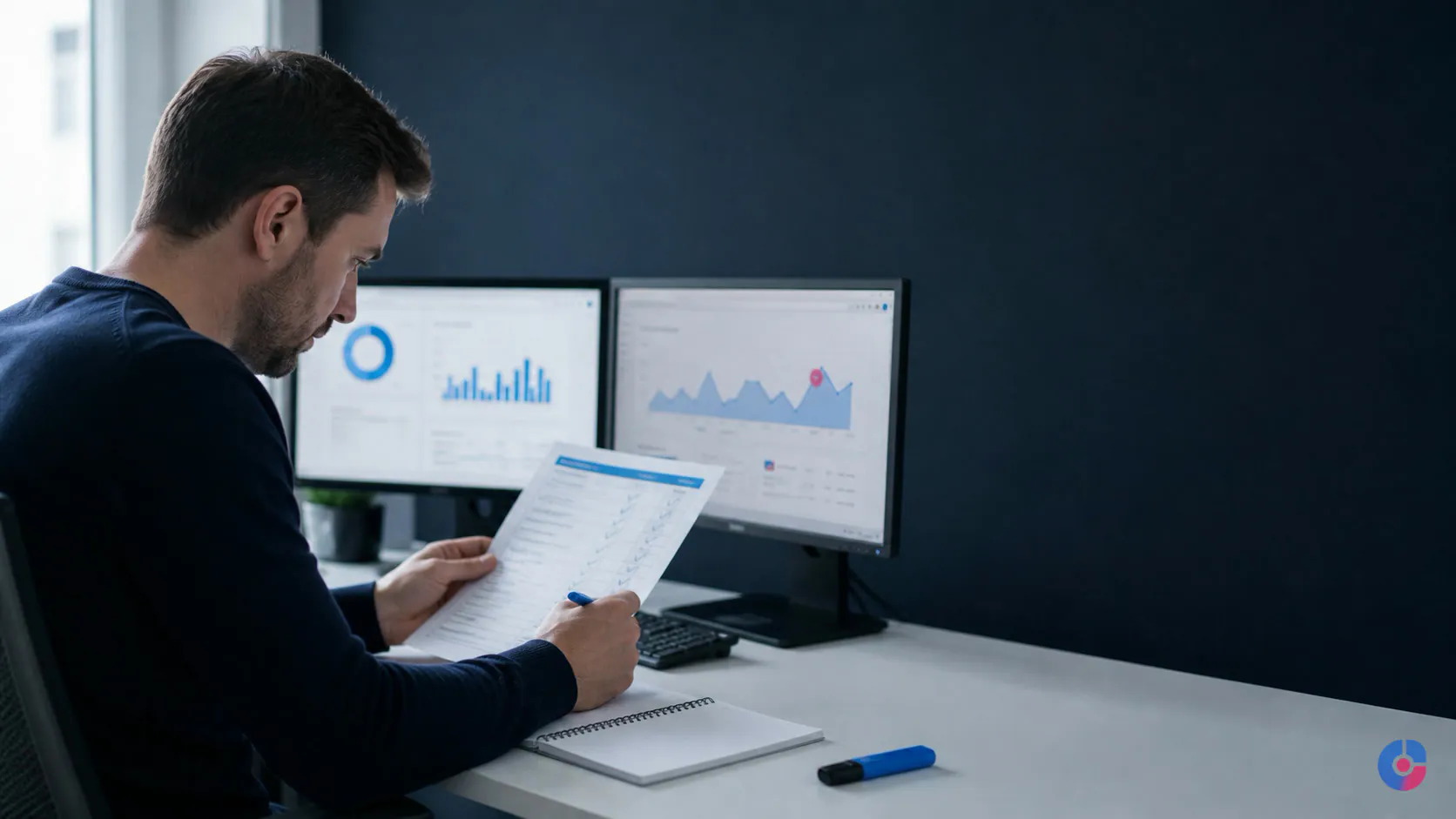 SEO assistant working through an audit checklist at a dual-monitor workstation