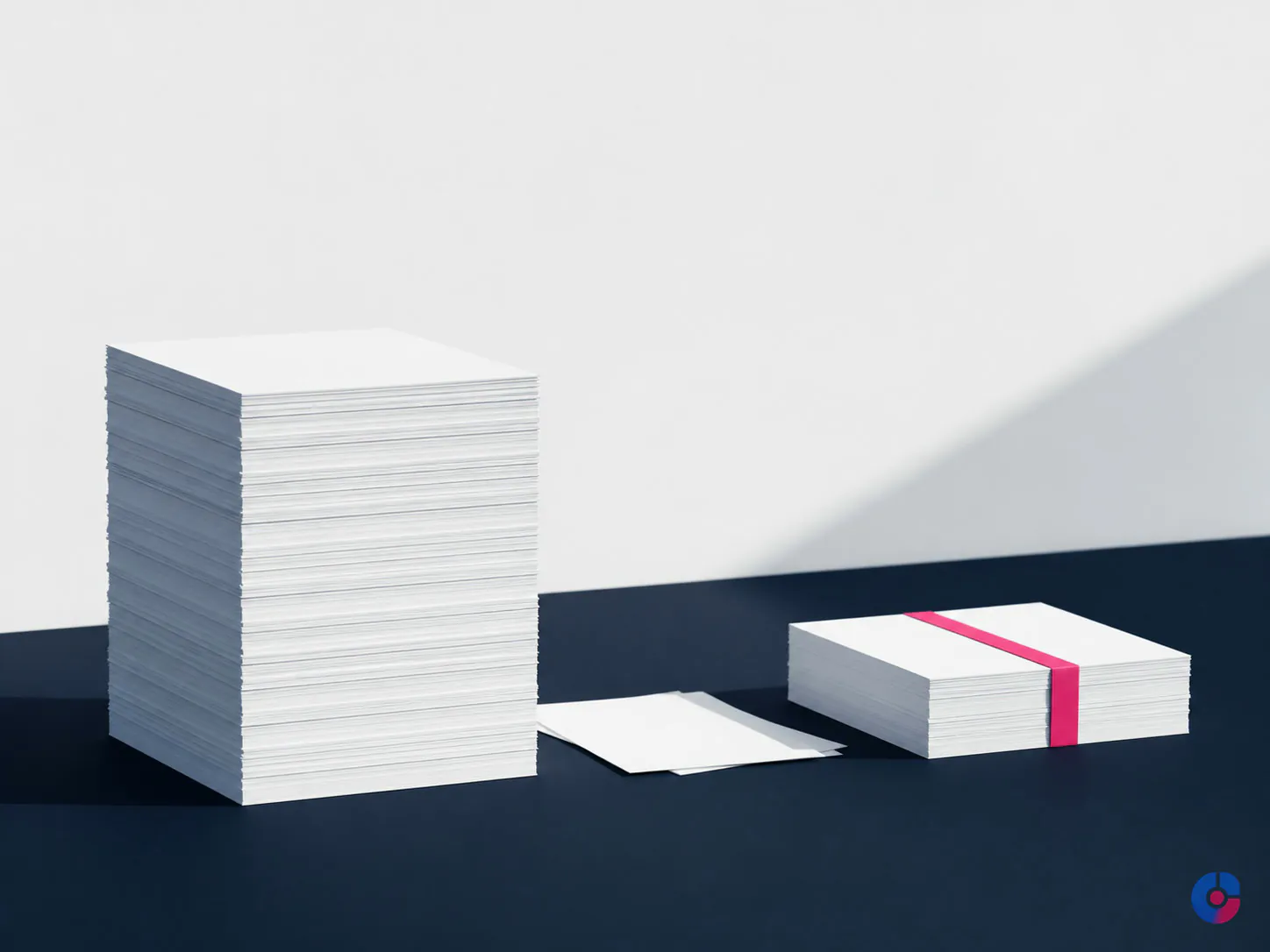 Paper stack being reduced into a completed pile, representing an SEO backlog cleared