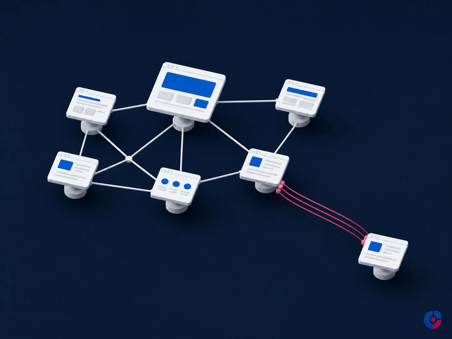 Isometric node cluster showing new internal links connecting an orphan page