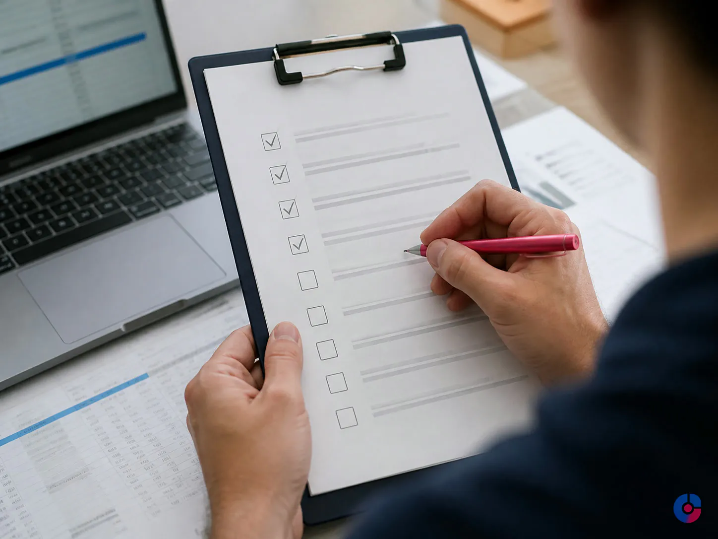 Hands ticking off SEO tasks on a checklist beside a laptop