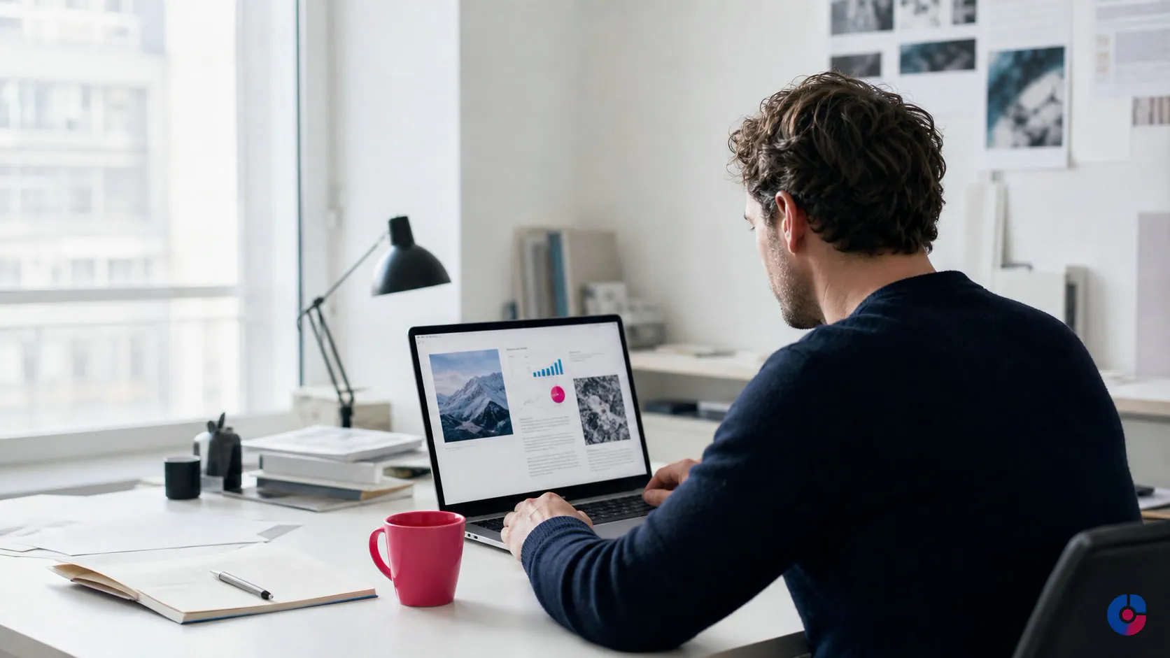 Content editor running a pre-publish check on a blog post at a studio workstation