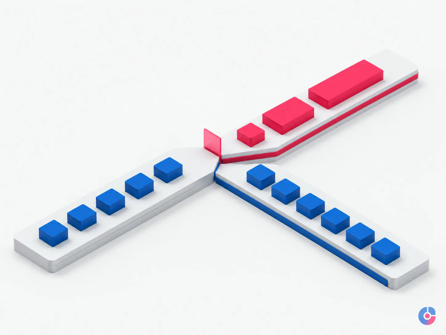 Isometric diagram splitting SEO work into repetitive execution and senior judgement tasks