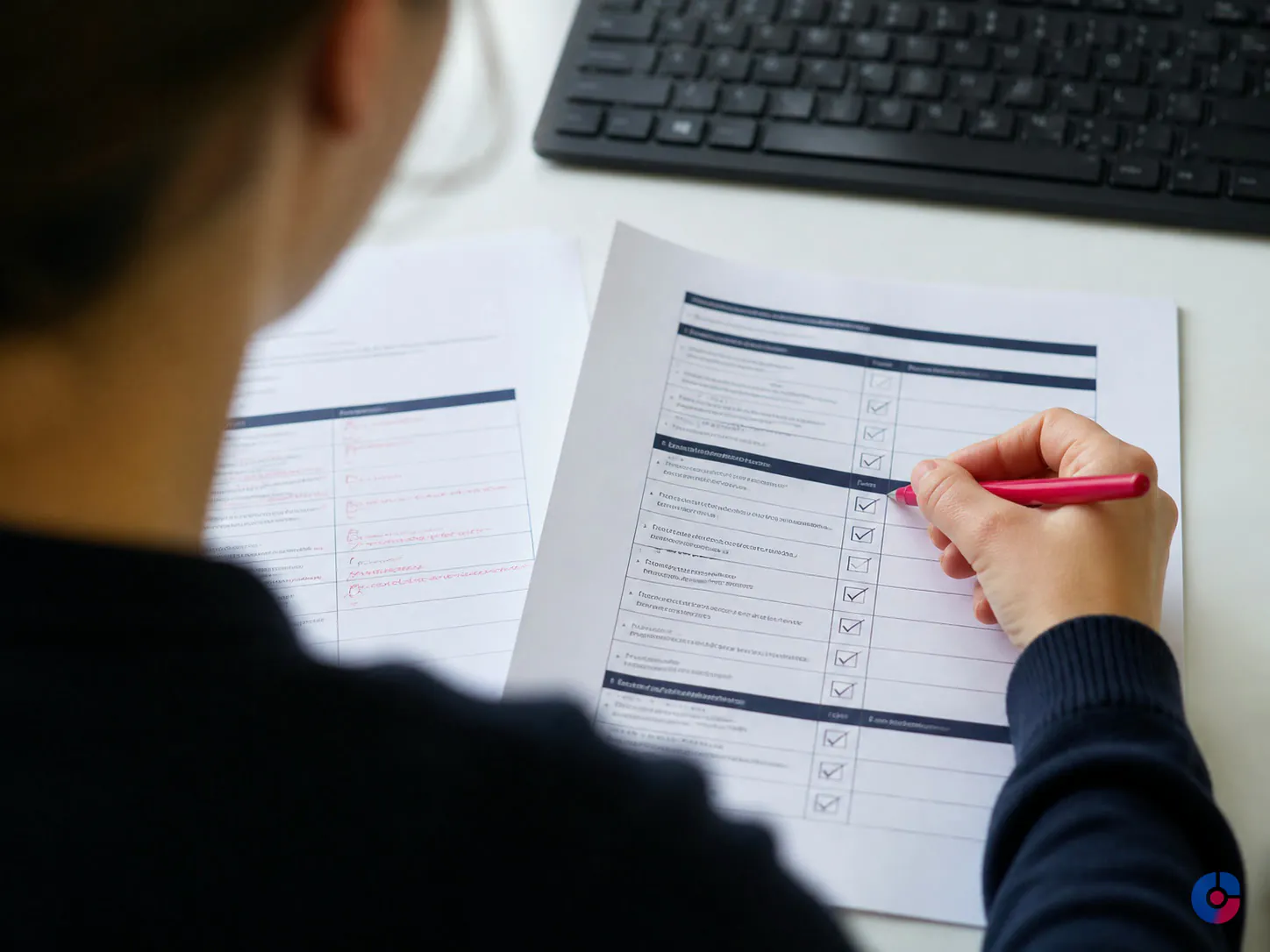 Reviewer ticking off a printed quality assurance checklist for outsourced SEO tasks