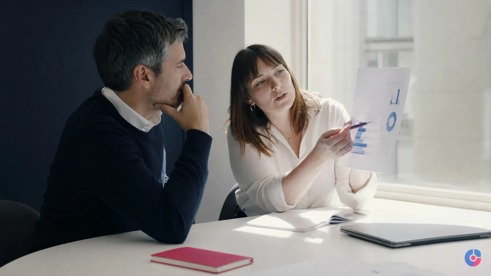 Marketing manager and consultant reviewing a printed SEO site audit together