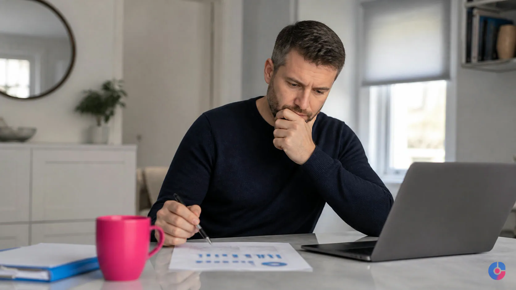 Small business owner weighing an SEO and PPC budget decision at a desk