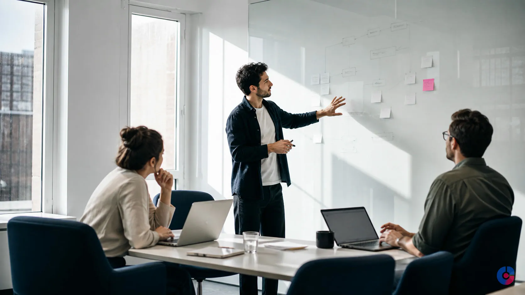 Team mapping an operations process on a glass board while setting up a remote team