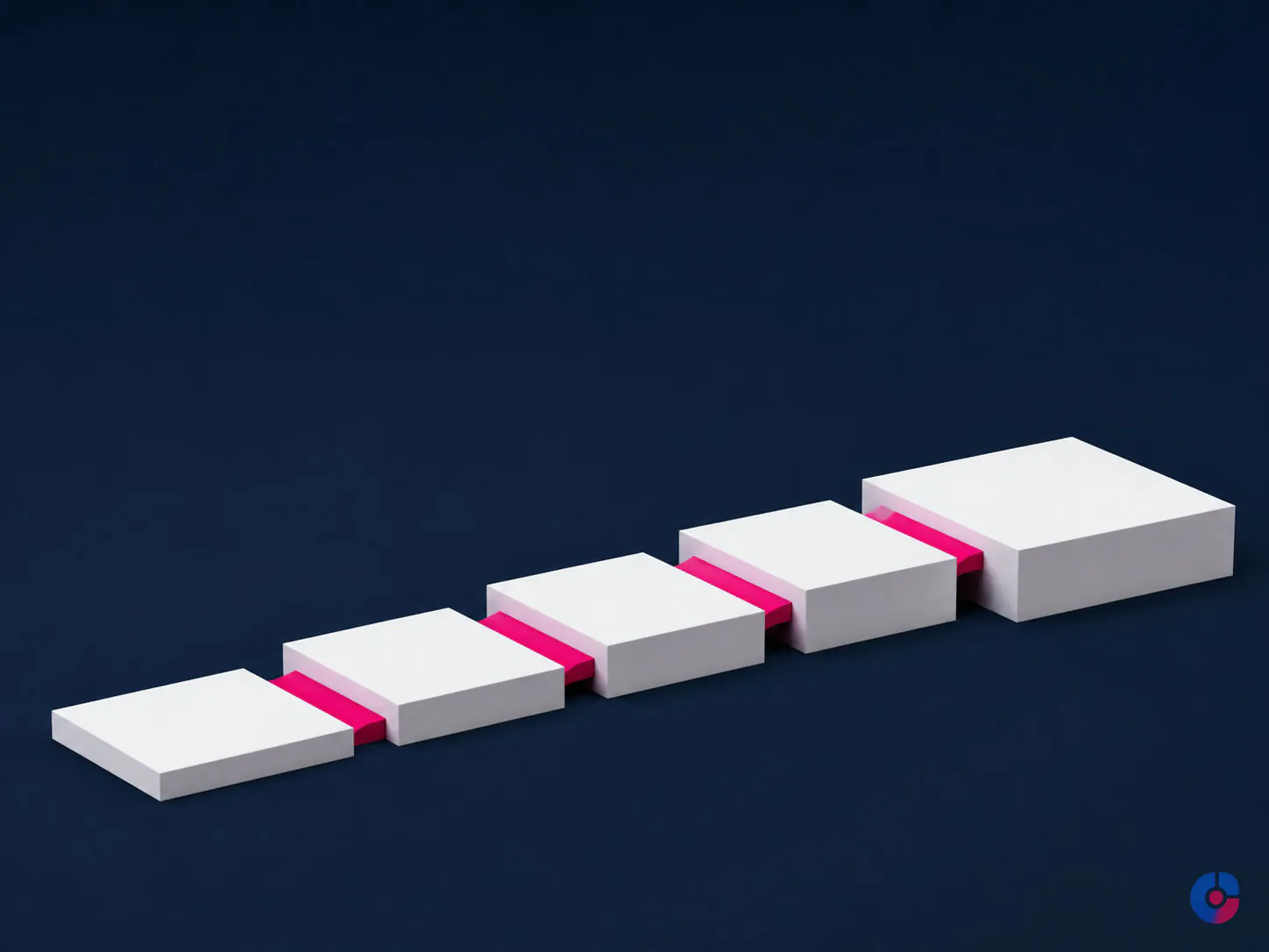Isometric render of five sequential phases in a remote team setup project