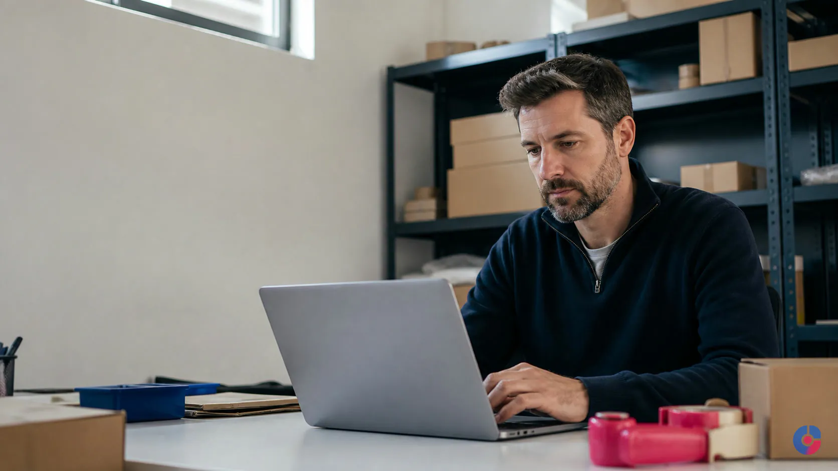 Ecommerce manager checking a Shopify storefront from a small warehouse office