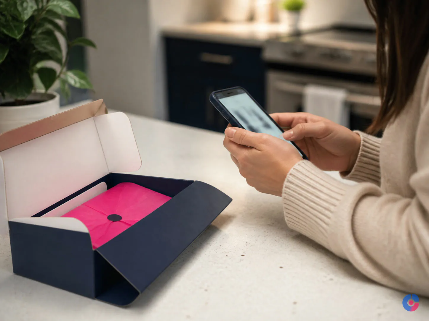 Shopper checking an order query on a phone next to a delivered parcel
