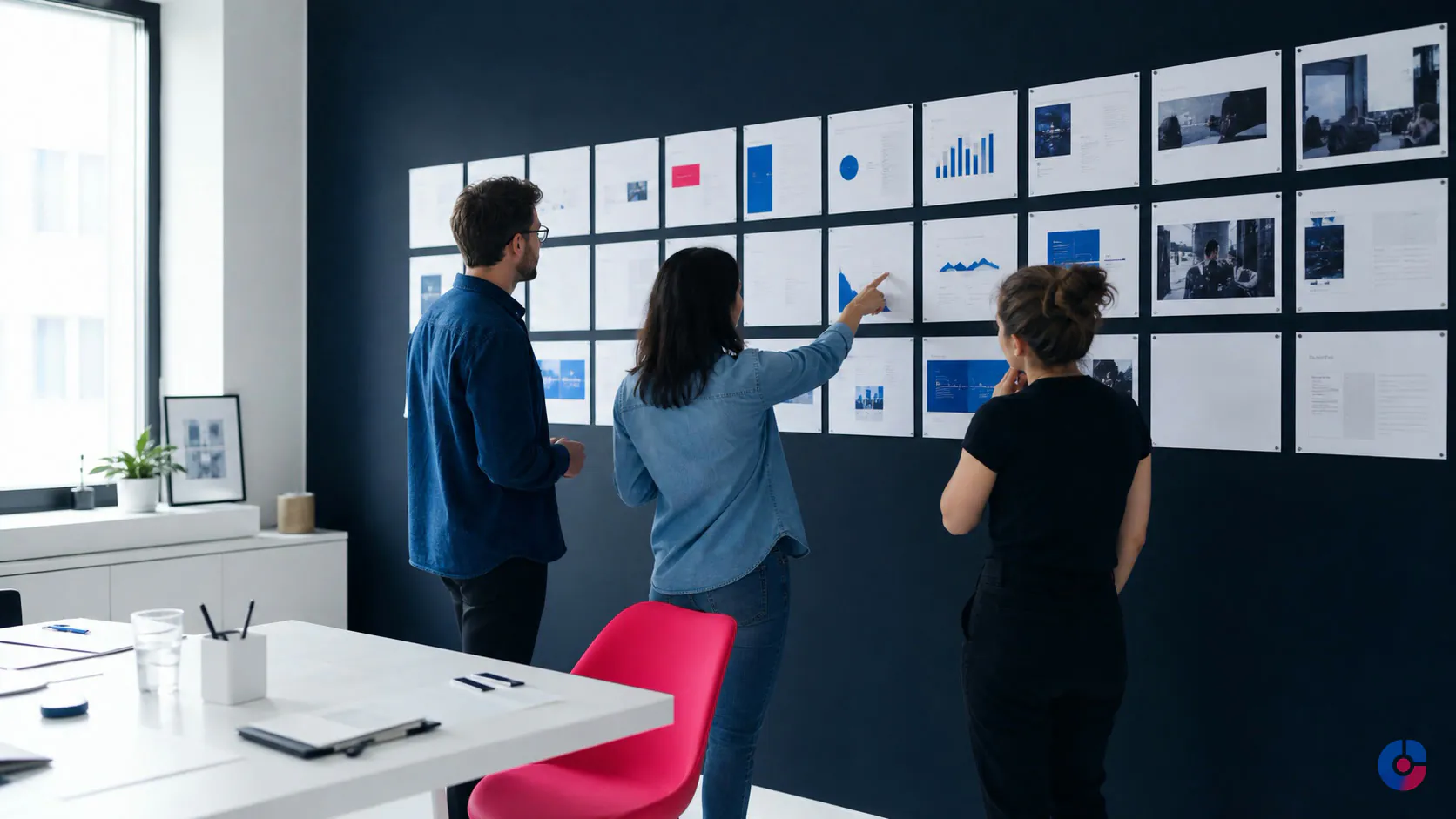 Marketing team reviewing a monthly social media content plan on a studio wall
