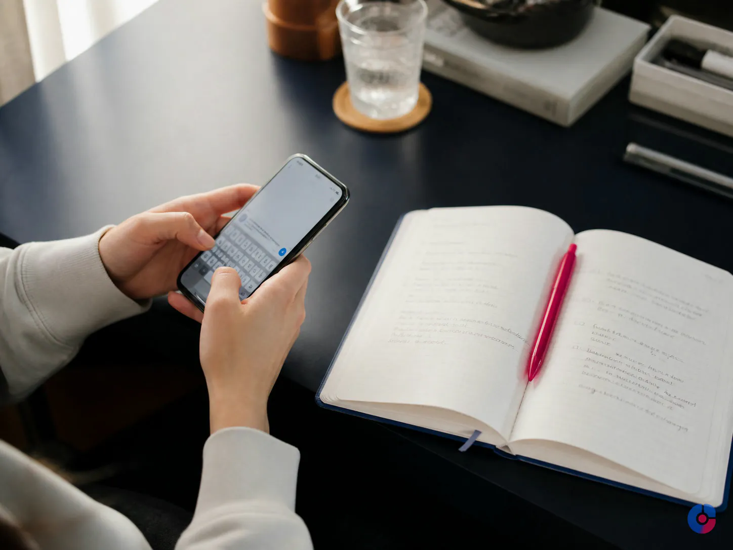Assistant replying to community messages on a phone beside brand tone notes