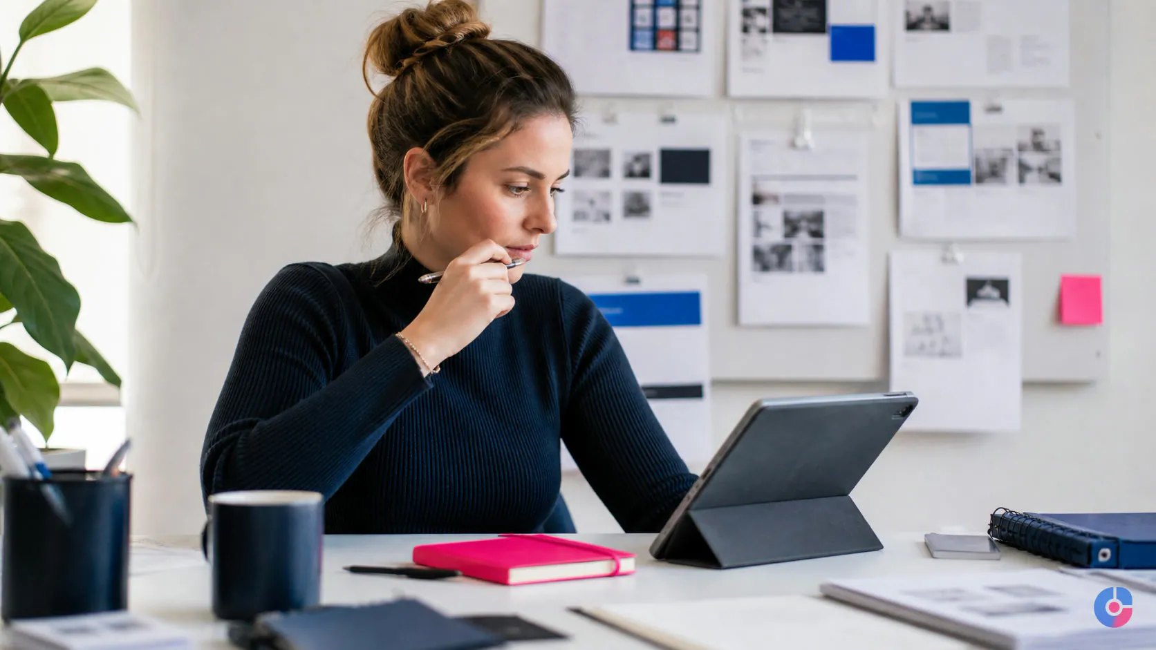 Social media virtual assistant planning a content calendar at a bright organised desk