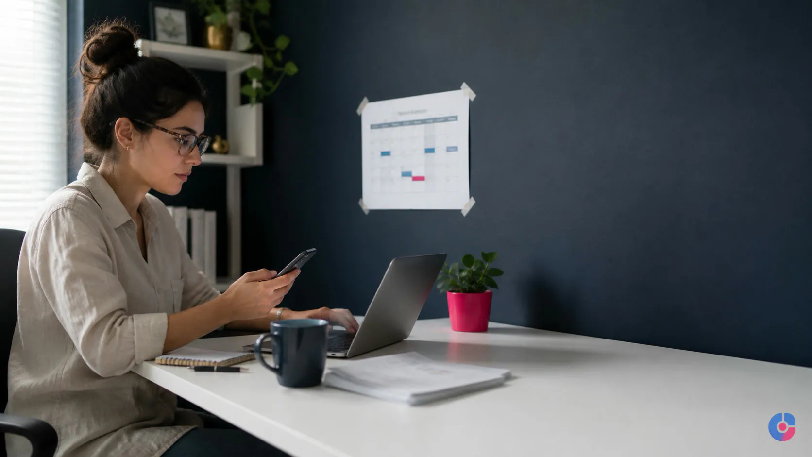 Social media virtual assistant preparing a week of scheduled posts at a desk