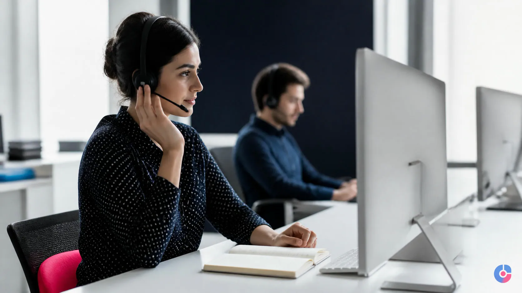 Customer care professional listening attentively during a client conversation
