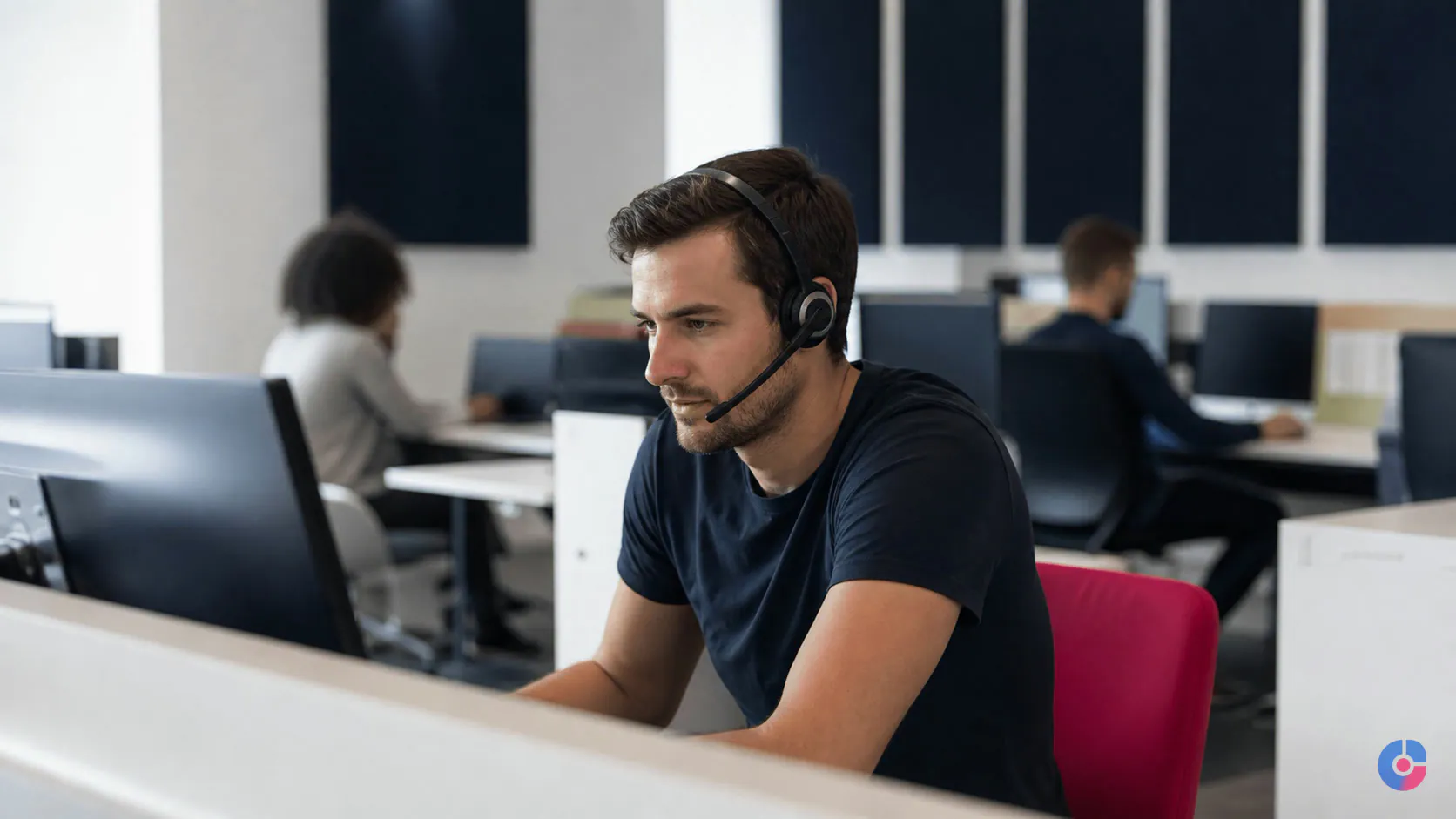 Remote support professional handling a customer conversation in a bright shared workspace