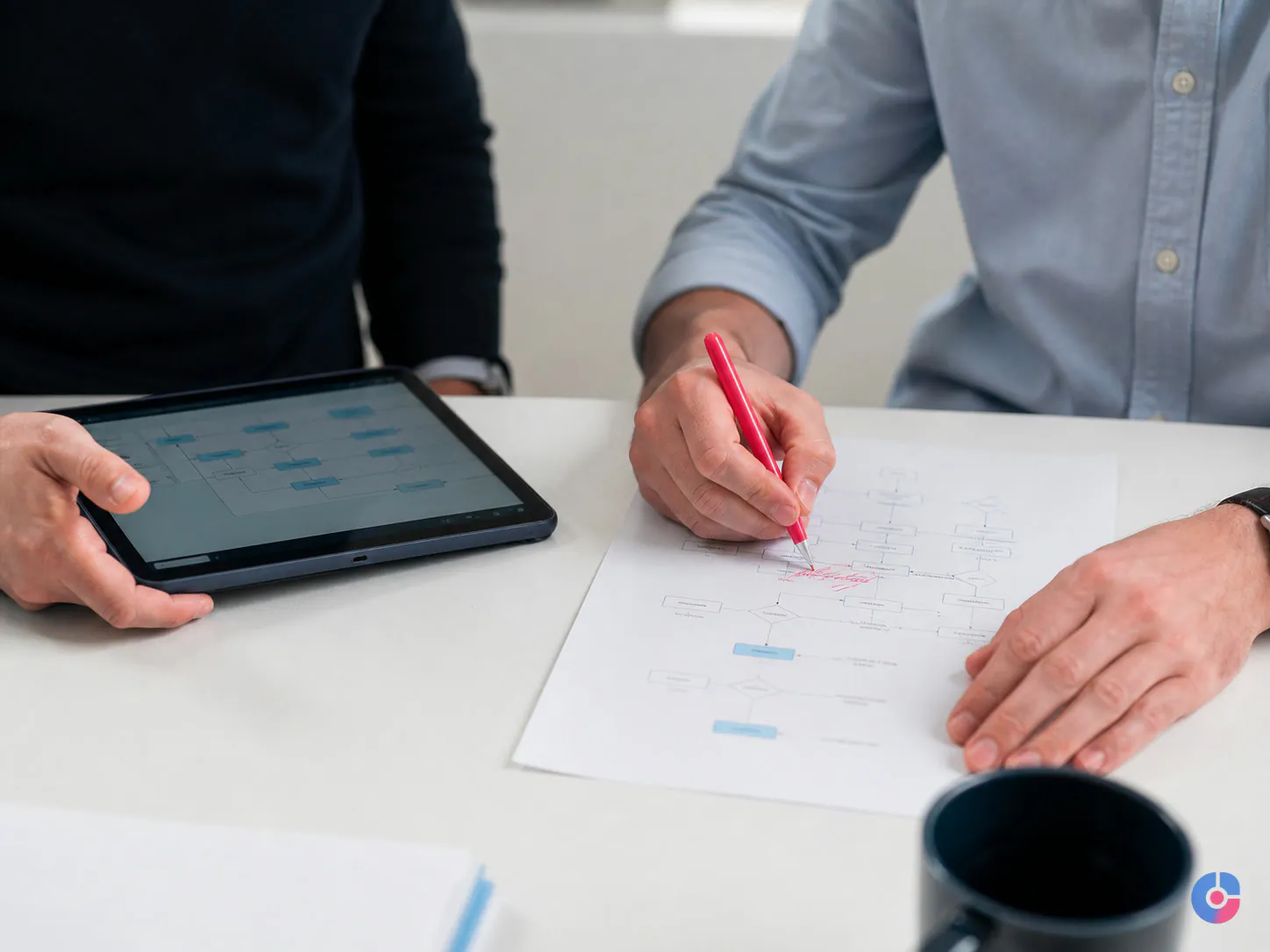 Colleagues updating a standard operating procedure after an operations exception
