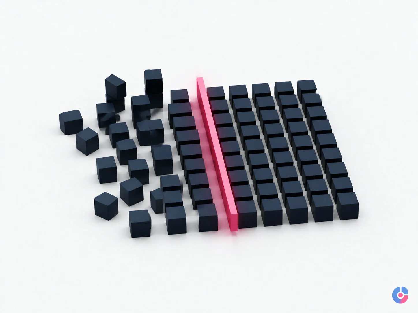 Isometric grid of cubes being realigned to represent spreadsheet standardisation