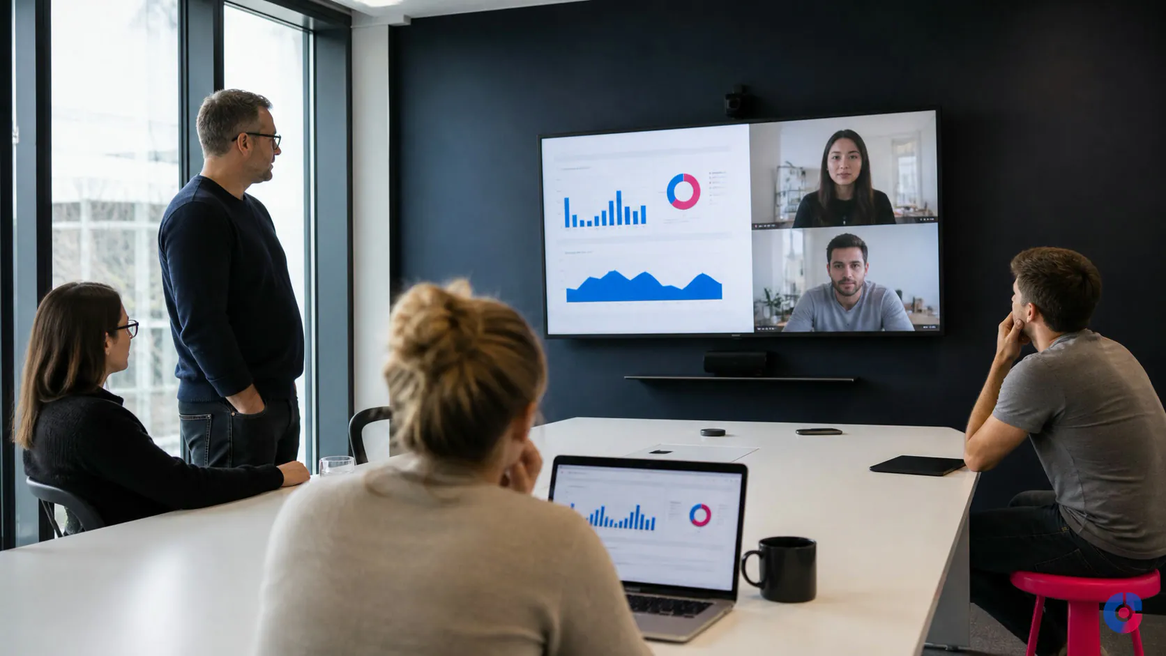 Augmented team members joining an in-house stand-up by video screen