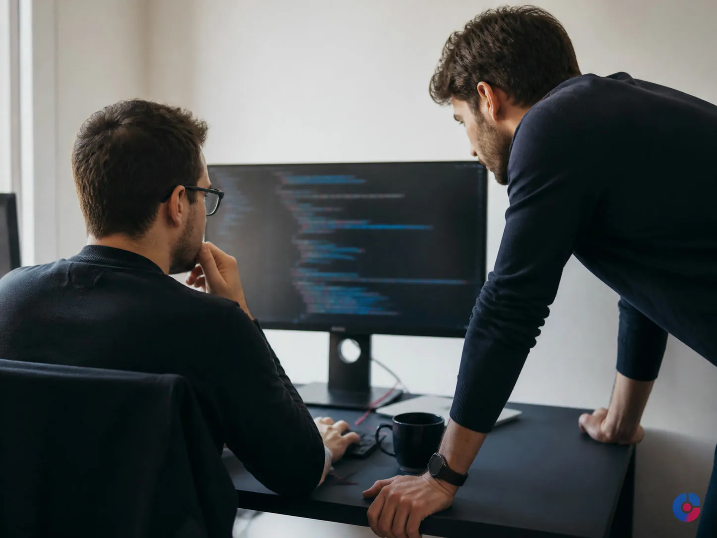 Two developers pair reviewing work during augmented team onboarding