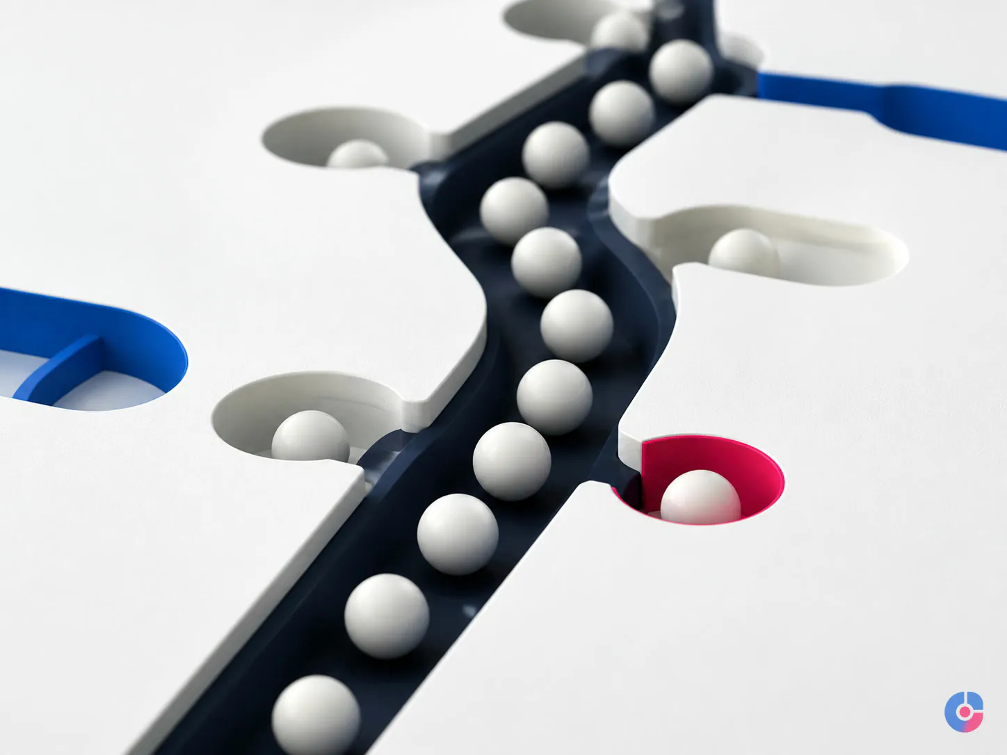 Abstract channel with trapped spheres representing leads stalling between pipeline stages