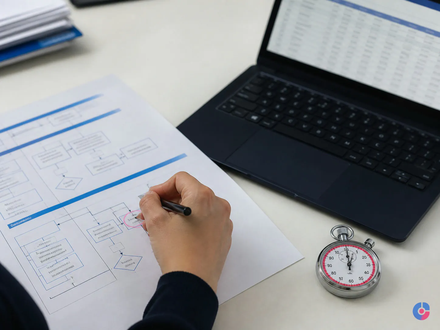 Overhead desk view of a process document and stopwatch used to time repetitive work