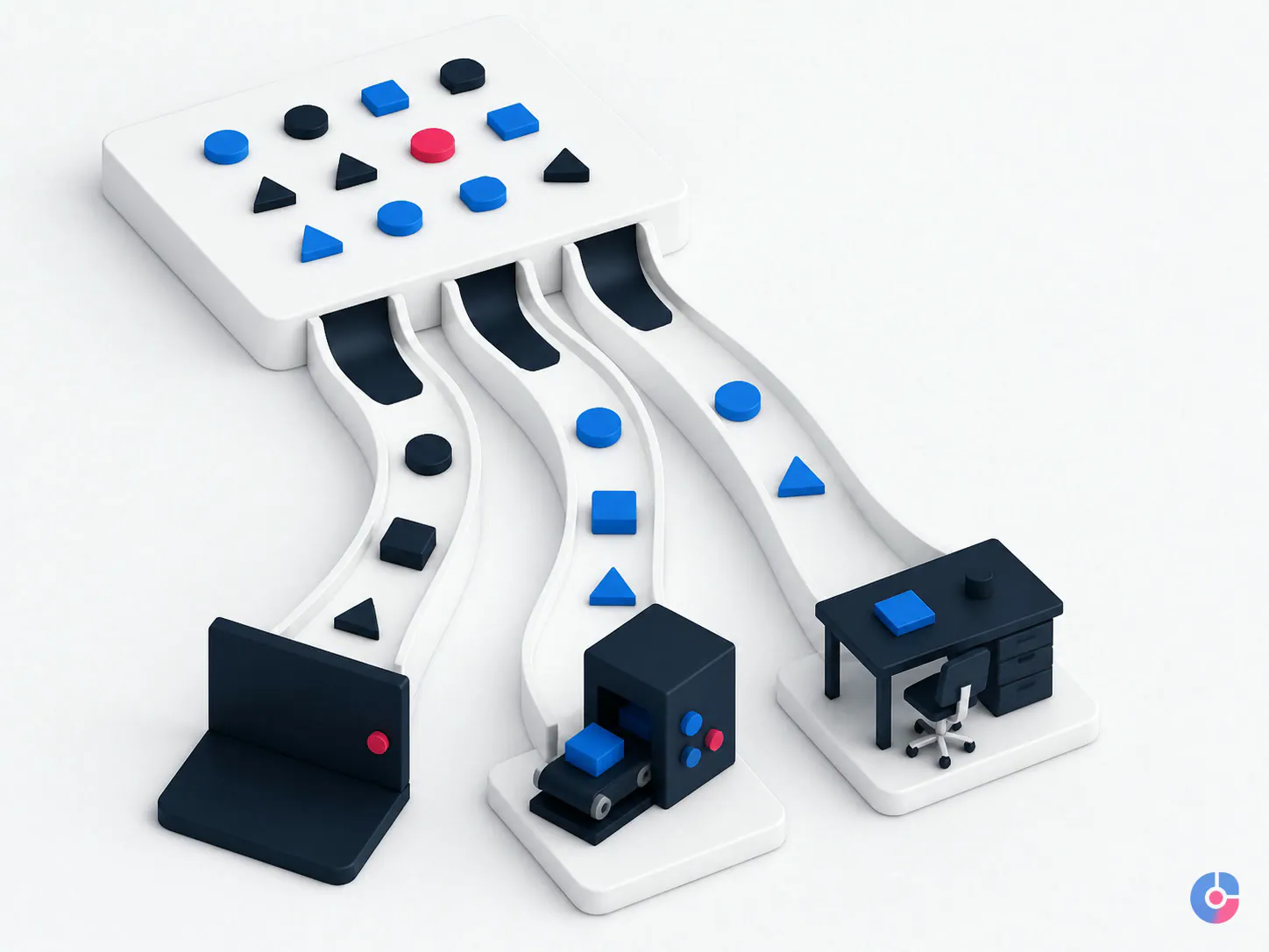 Isometric diagram sorting tasks into stop, automate and delegate streams