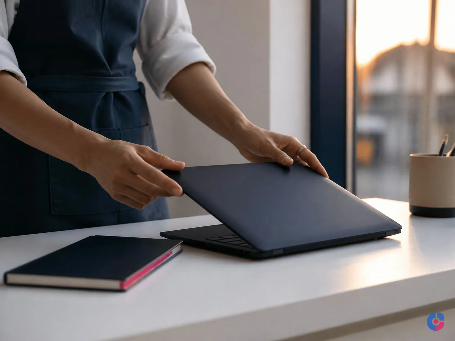 Store owner closing the laptop after the day's tasks were handled by an assistant