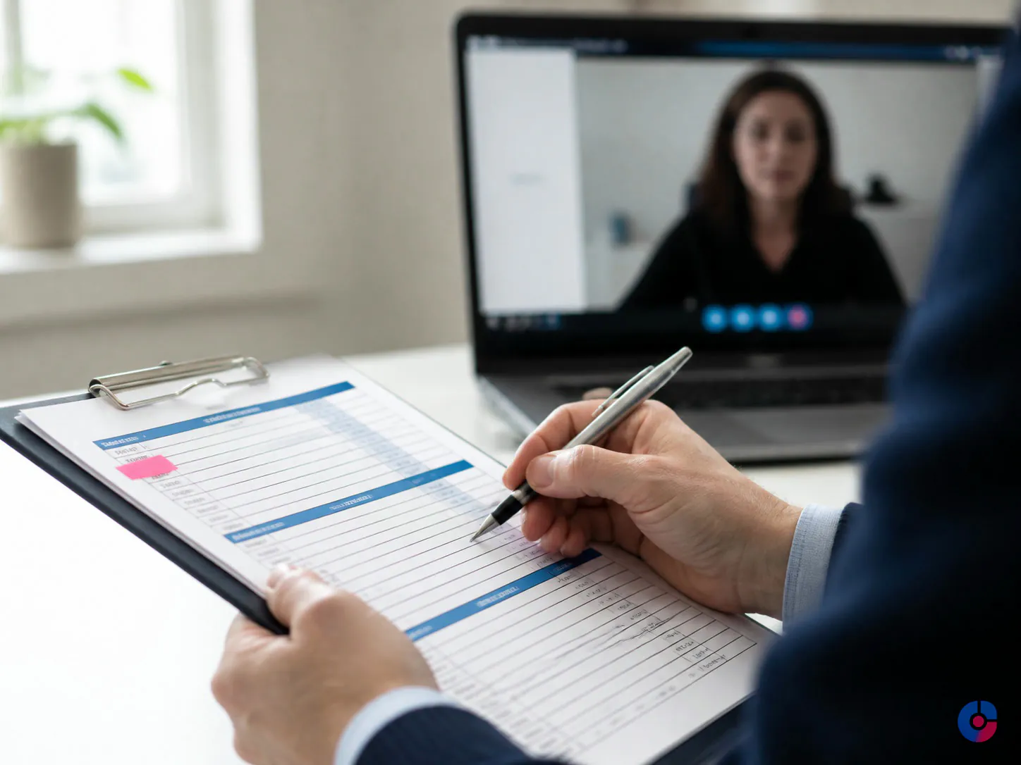 Interviewer scoring a candidate against a structured hiring rubric during a remote interview