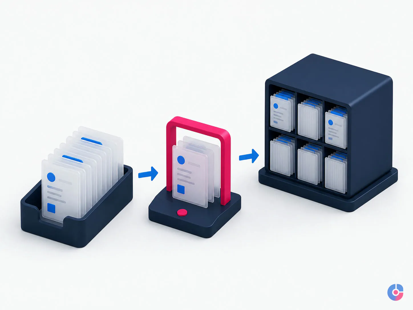 Isometric render of a student records pipeline moving from intake through verification to archive