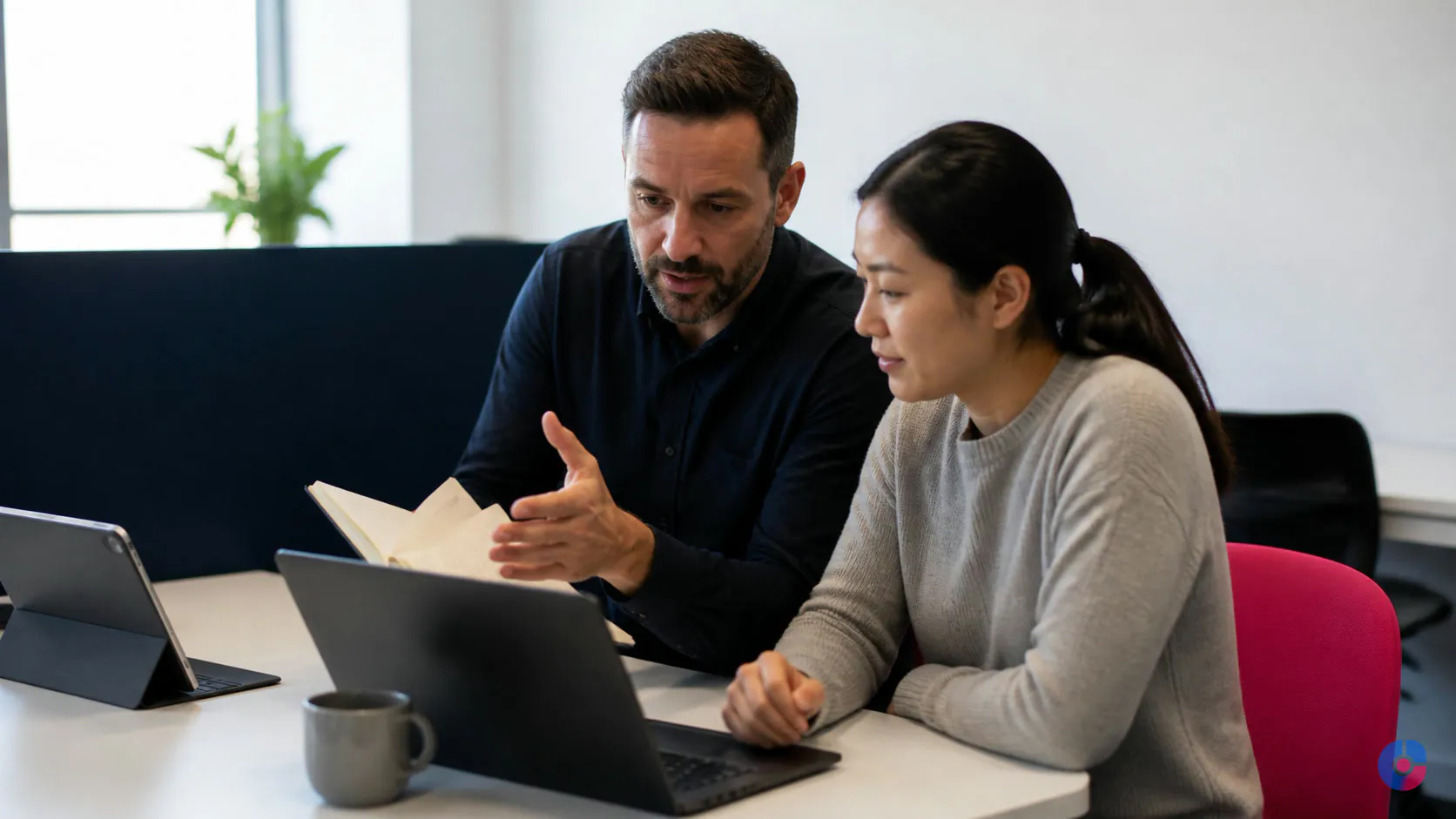 Supervisor coaching a remote employee through a work sample review at a shared desk