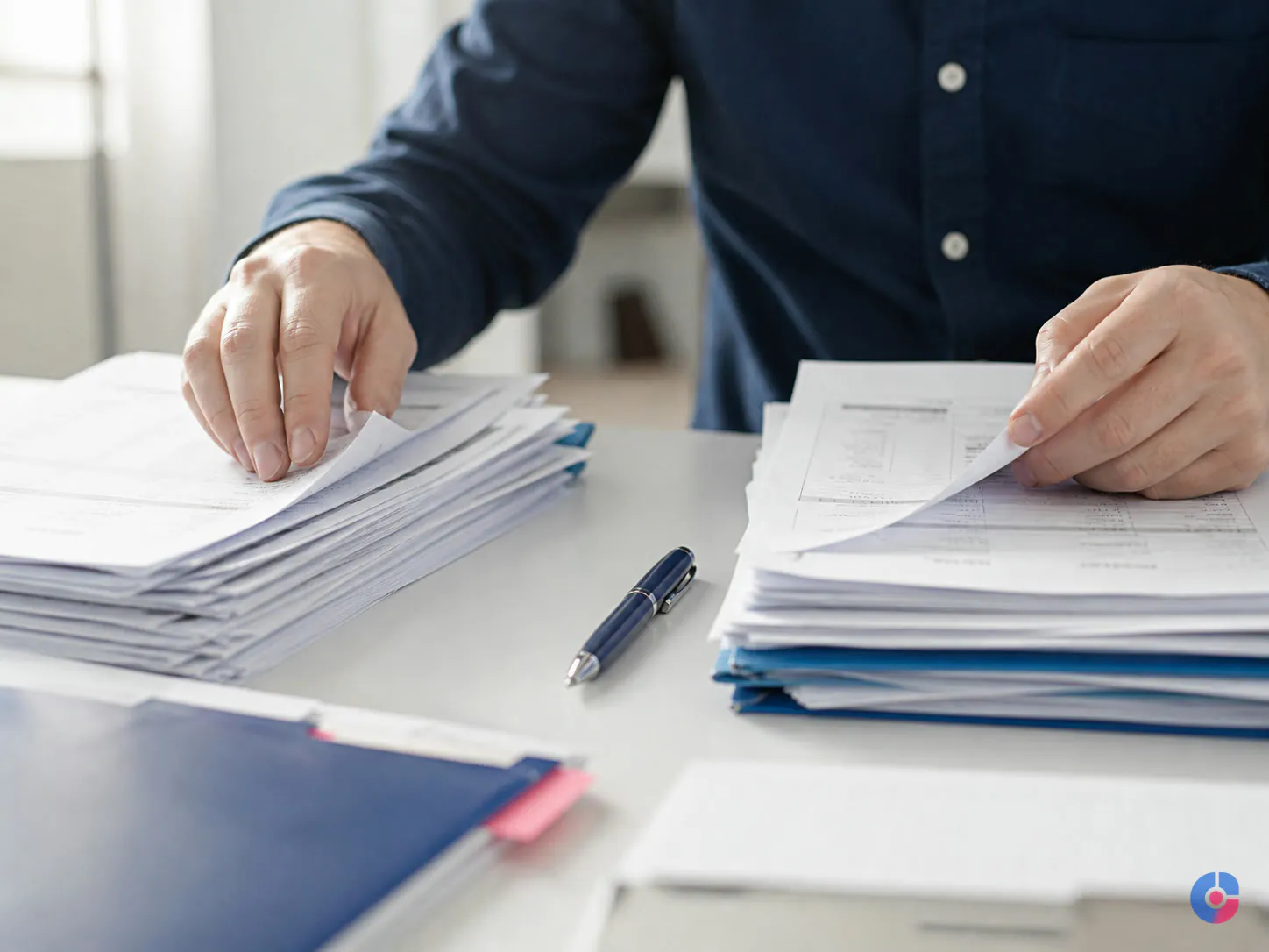 Hands sorting supplier invoices during outsourced accounts payable preparation work