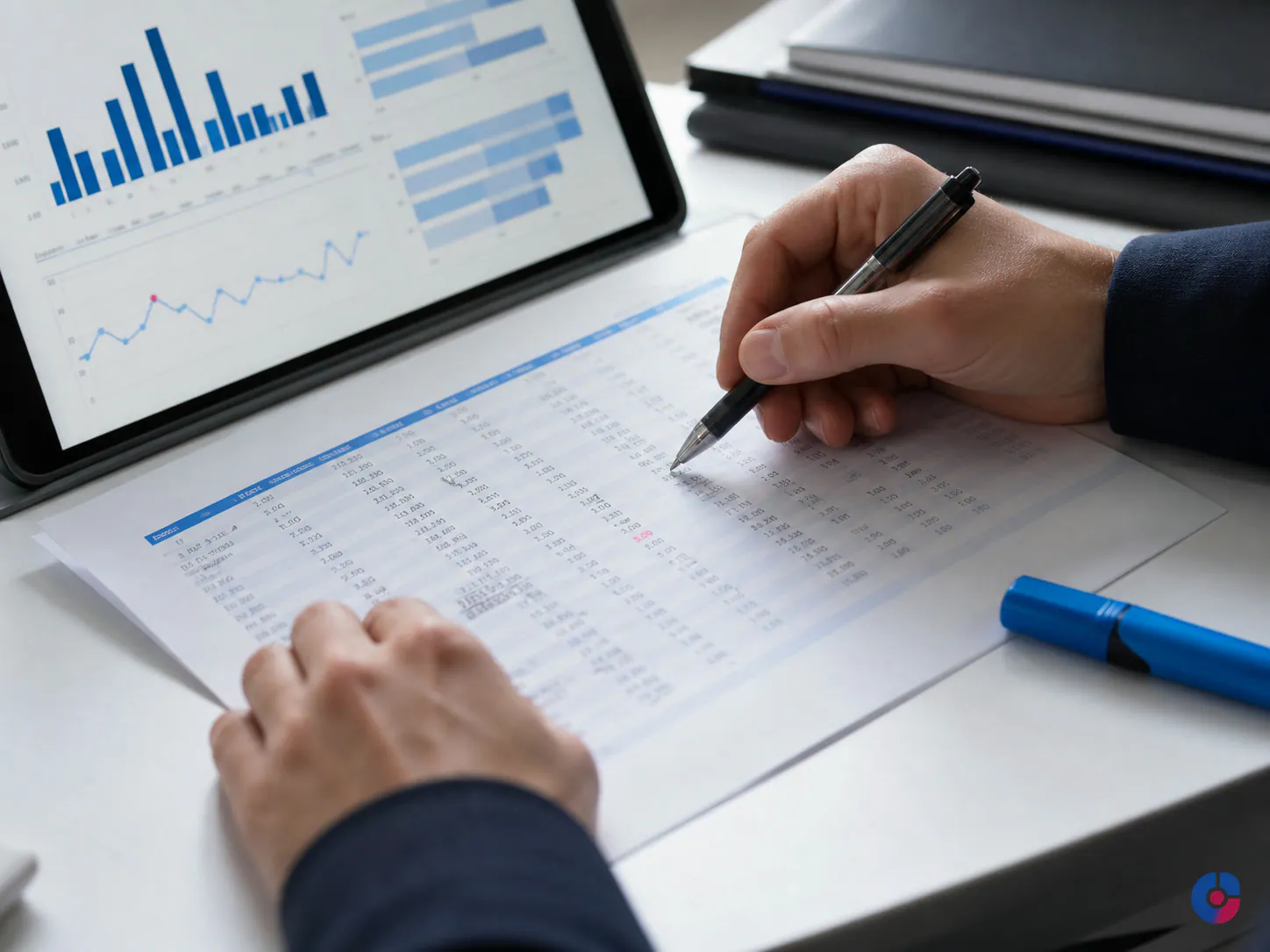 Hands reconciling a printed supplier statement against an accounting system on screen